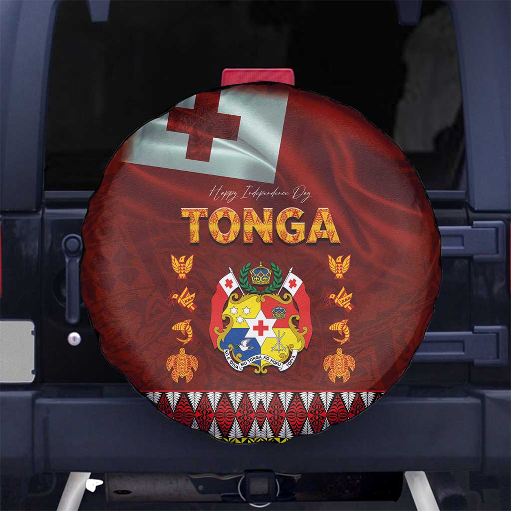 Tonga Independence Day Spare Tire Cover National Flag and Emblem with Ngatu Art Pattern