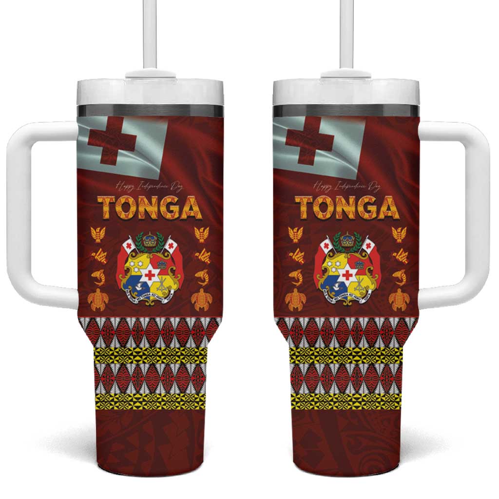 Tonga Independence Day Tumbler With Handle National Flag and Emblem with Ngatu Art Pattern