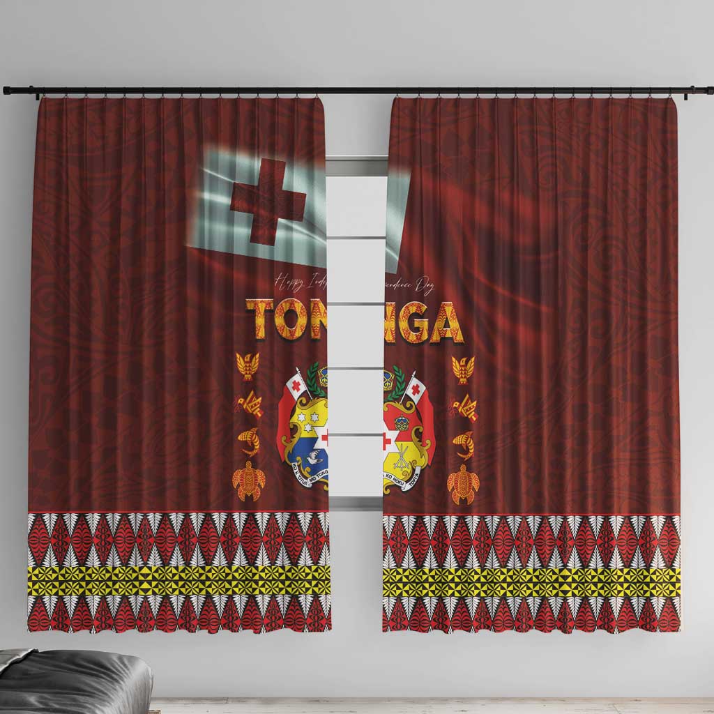 Tonga Independence Day Window Curtain National Flag and Emblem with Ngatu Art Pattern LT03 With Hooks Red - Polynesian Pride