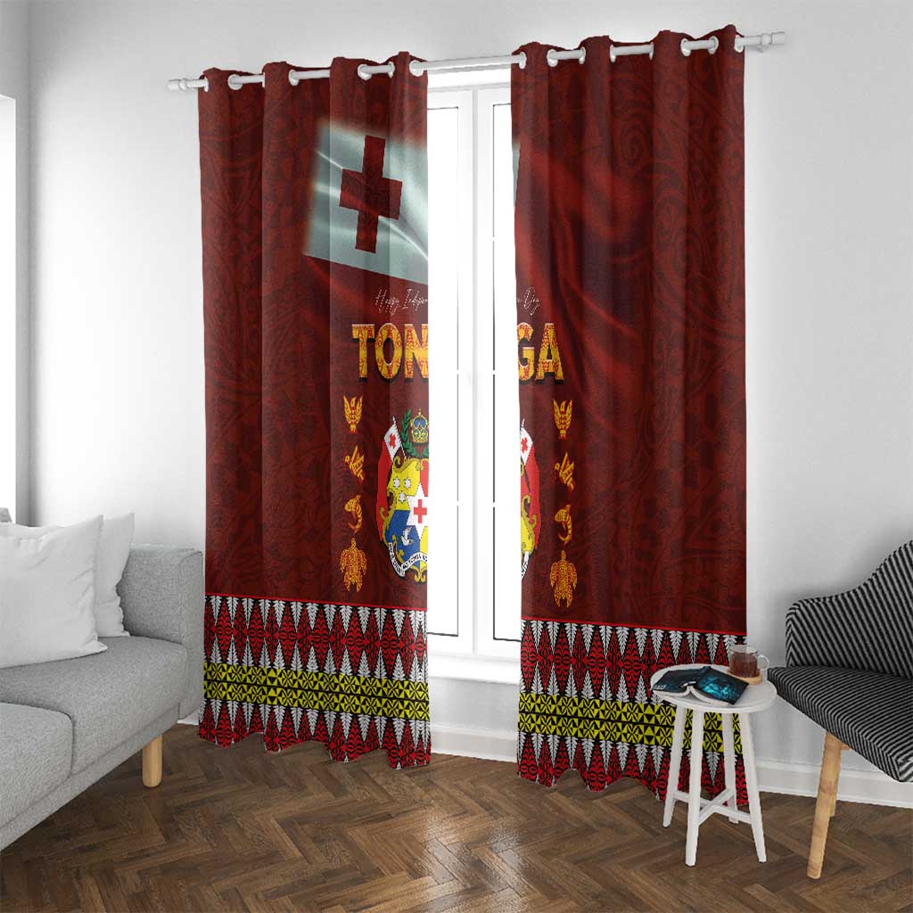 Tonga Independence Day Window Curtain National Flag and Emblem with Ngatu Art Pattern LT03 With Grommets Red - Polynesian Pride