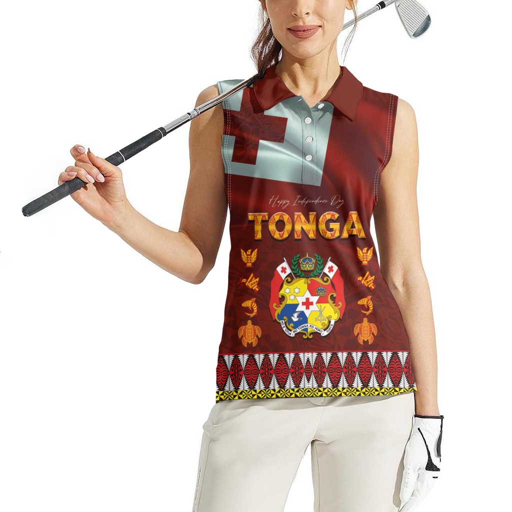 Tonga Independence Day Women Sleeveless Polo Shirt National Flag and Emblem with Ngatu Art Pattern