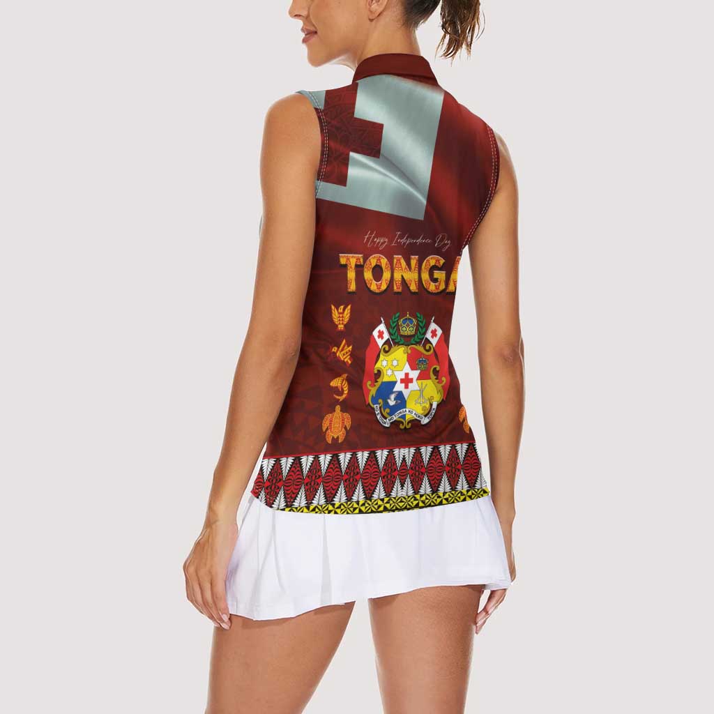 Tonga Independence Day Women Sleeveless Polo Shirt National Flag and Emblem with Ngatu Art Pattern