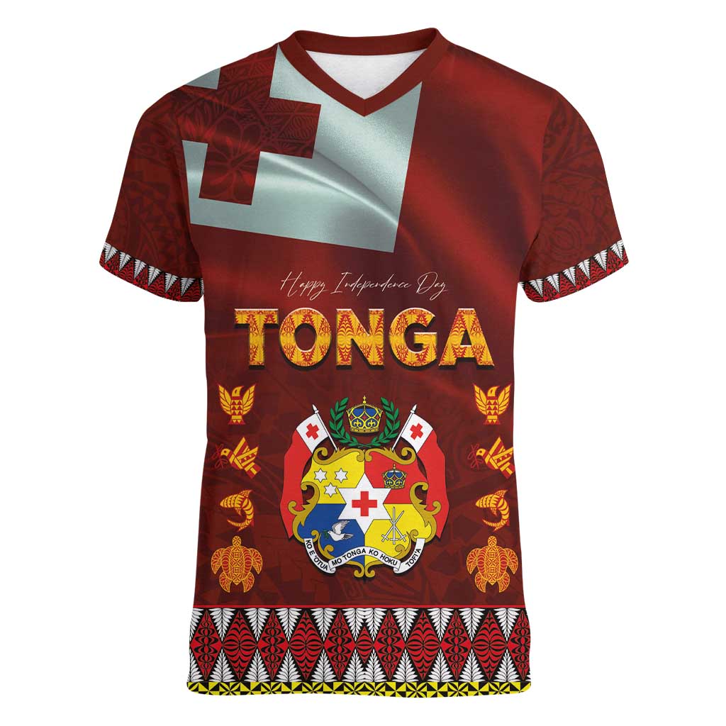Tonga Independence Day Women V-Neck T-Shirt National Flag and Emblem with Ngatu Art Pattern