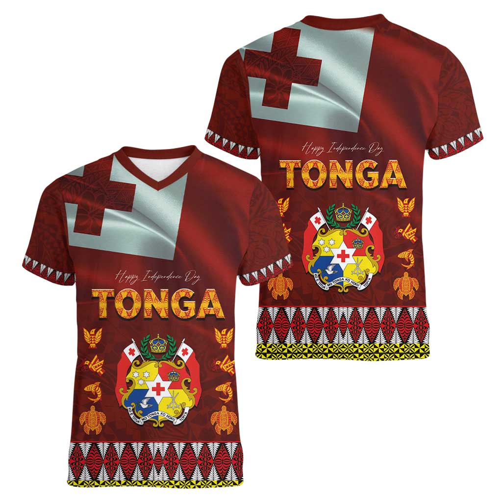 Tonga Independence Day Women V-Neck T-Shirt National Flag and Emblem with Ngatu Art Pattern