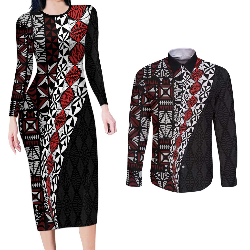 Tonga Ngatu Art Tattoo Polynesian Couples Matching Long Sleeve Bodycon Dress and Long Sleeve Button Shirt LT03 Black - Polynesian Pride