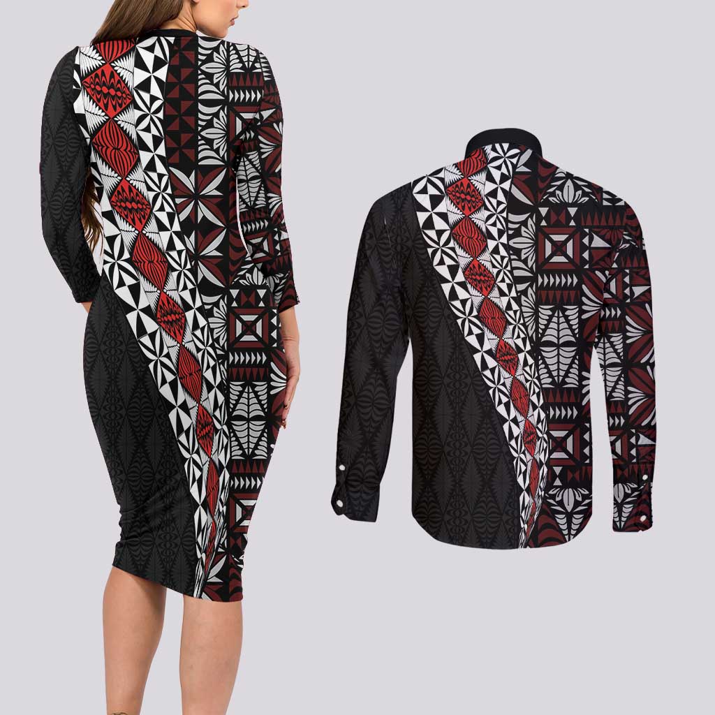 Tonga Ngatu Art Tattoo Polynesian Couples Matching Long Sleeve Bodycon Dress and Long Sleeve Button Shirt LT03 - Polynesian Pride
