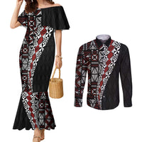 Tonga Ngatu Art Tattoo Polynesian Couples Matching Mermaid Dress and Long Sleeve Button Shirt LT03 Black - Polynesian Pride