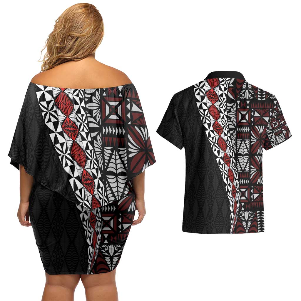 Tonga Ngatu Art Tattoo Polynesian Couples Matching Off Shoulder Short Dress and Hawaiian Shirt