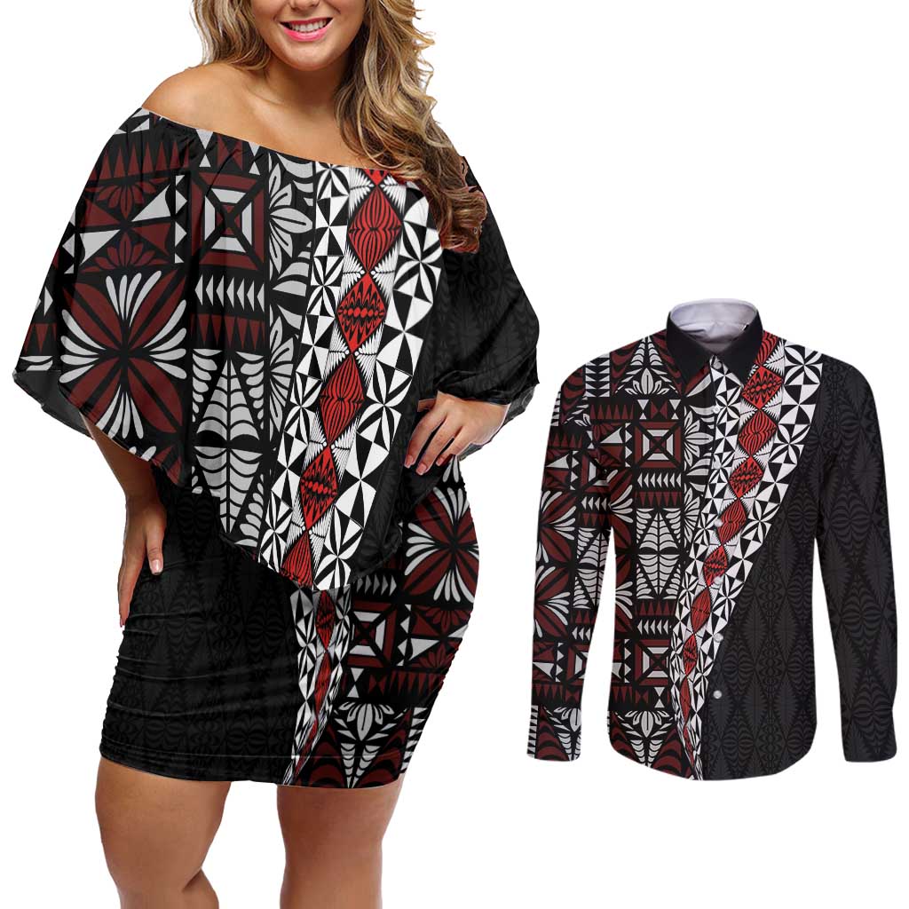 Tonga Ngatu Art Tattoo Polynesian Couples Matching Off Shoulder Short Dress and Long Sleeve Button Shirt