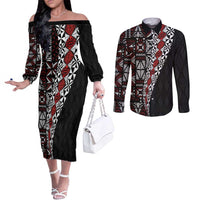 Tonga Ngatu Art Tattoo Polynesian Couples Matching Off The Shoulder Long Sleeve Dress and Long Sleeve Button Shirt LT03 Black - Polynesian Pride