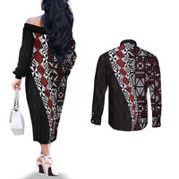Tonga Ngatu Art Tattoo Polynesian Couples Matching Off The Shoulder Long Sleeve Dress and Long Sleeve Button Shirt LT03 - Polynesian Pride