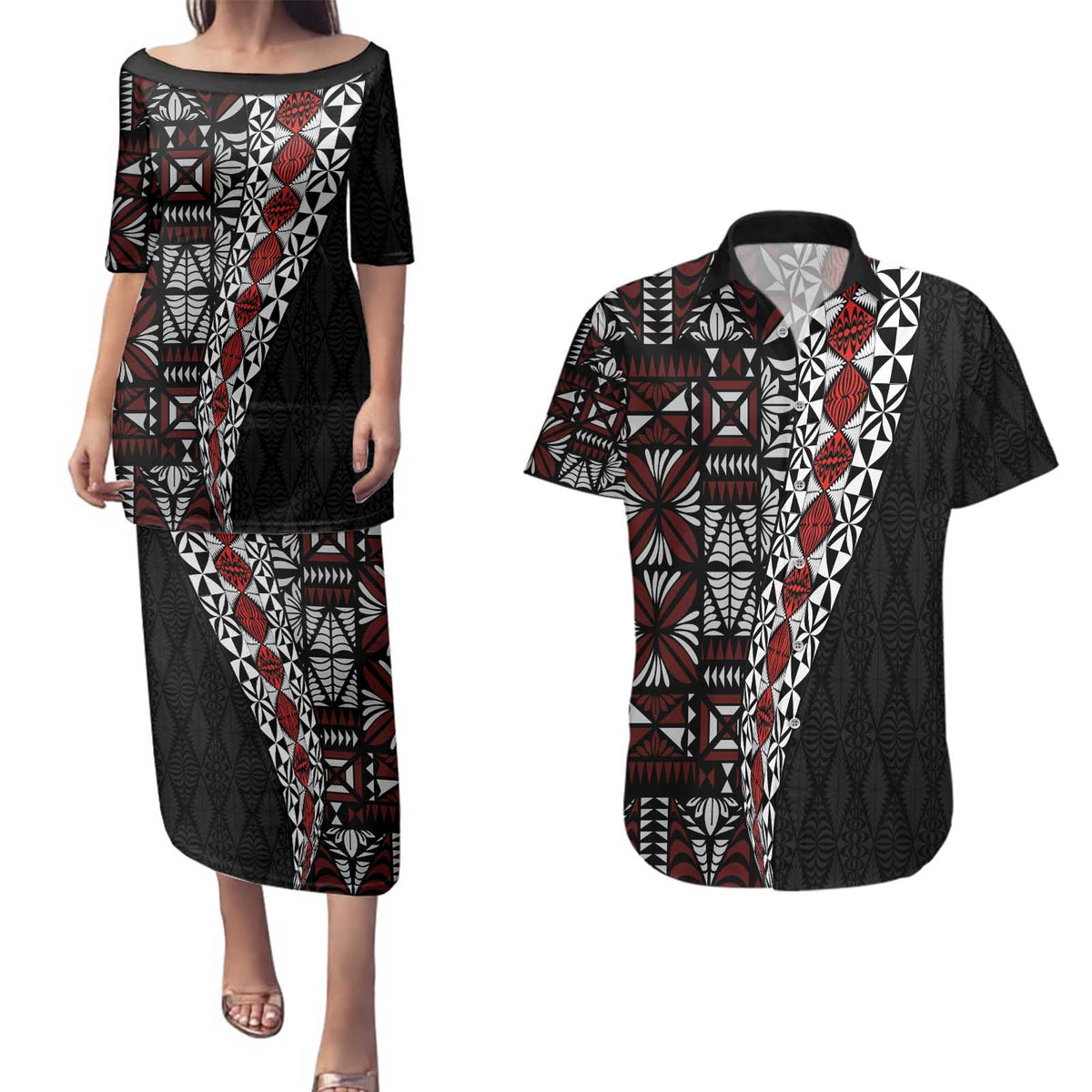 Tonga Ngatu Art Tattoo Polynesian Couples Matching Puletasi and Hawaiian Shirt LT03 Black - Polynesian Pride