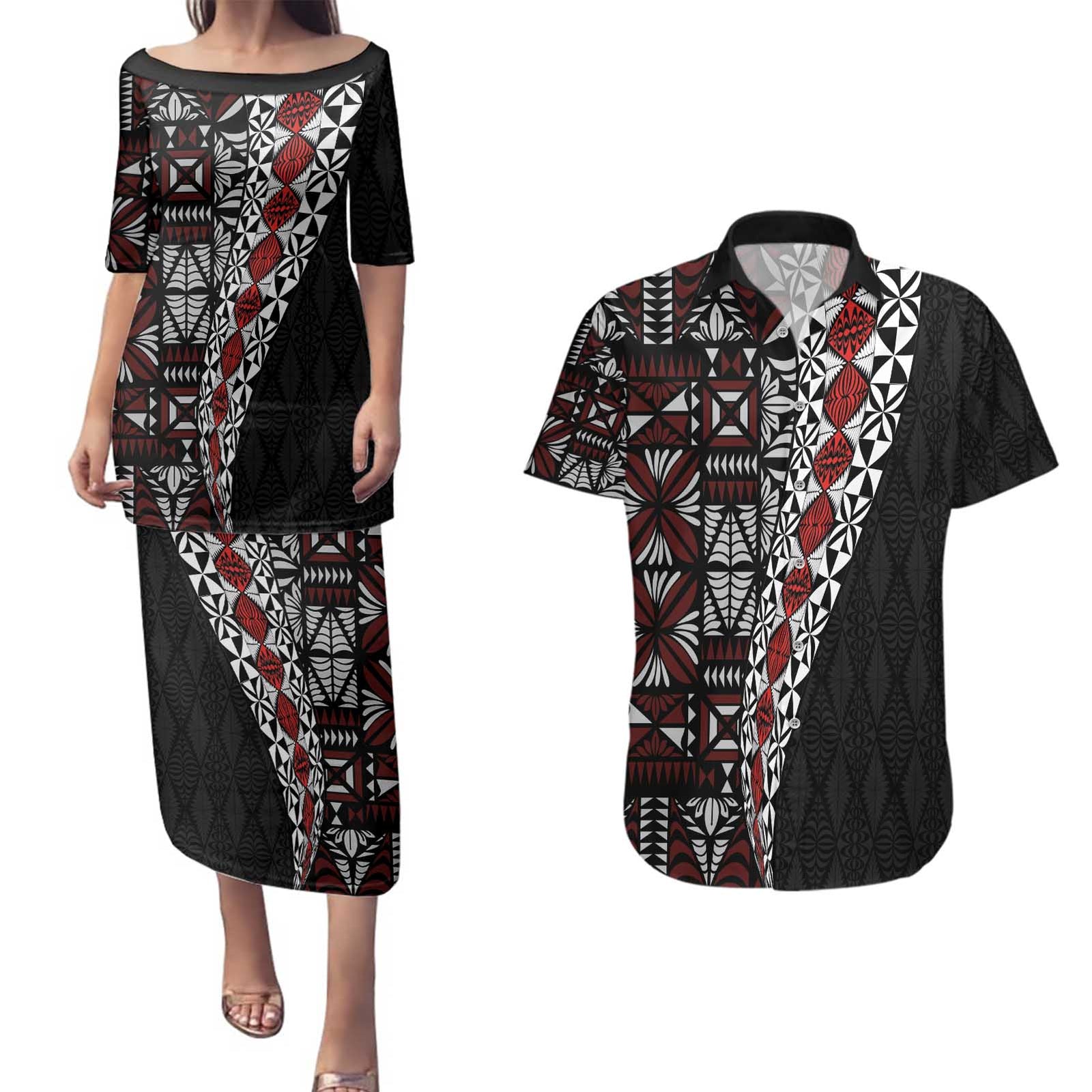 Tonga Ngatu Art Tattoo Polynesian Couples Matching Puletasi and Hawaiian Shirt LT03 Black - Polynesian Pride
