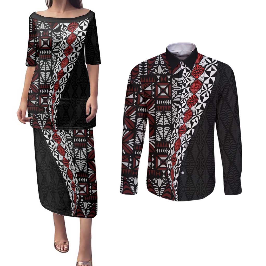 Tonga Ngatu Art Tattoo Polynesian Couples Matching Puletasi and Long Sleeve Button Shirt LT03 Black - Polynesian Pride