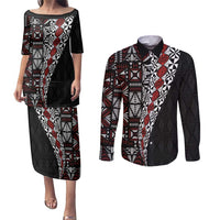 Tonga Ngatu Art Tattoo Polynesian Couples Matching Puletasi and Long Sleeve Button Shirt LT03 Black - Polynesian Pride