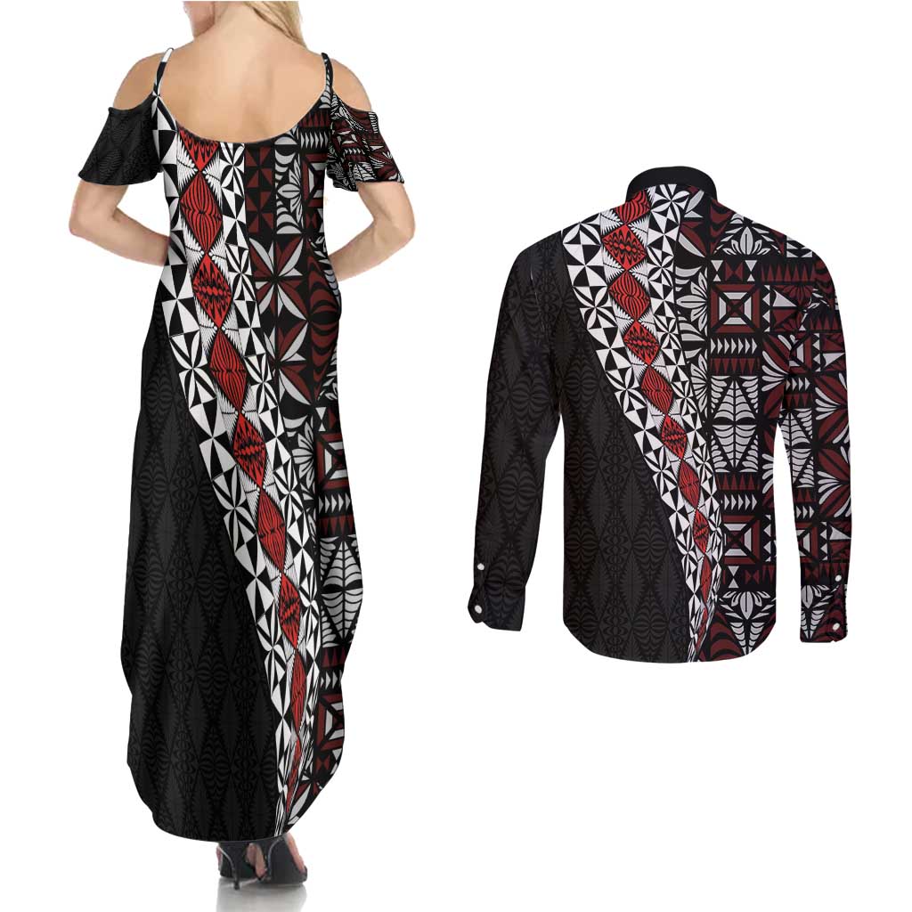 Tonga Ngatu Art Tattoo Polynesian Couples Matching Summer Maxi Dress and Long Sleeve Button Shirt LT03 - Polynesian Pride