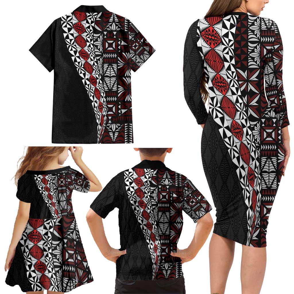 Tonga Ngatu Art Tattoo Polynesian Family Matching Long Sleeve Bodycon Dress and Hawaiian Shirt