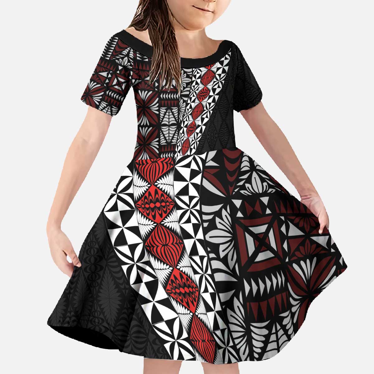 Tonga Ngatu Art Tattoo Polynesian Family Matching Off The Shoulder Long Sleeve Dress and Hawaiian Shirt