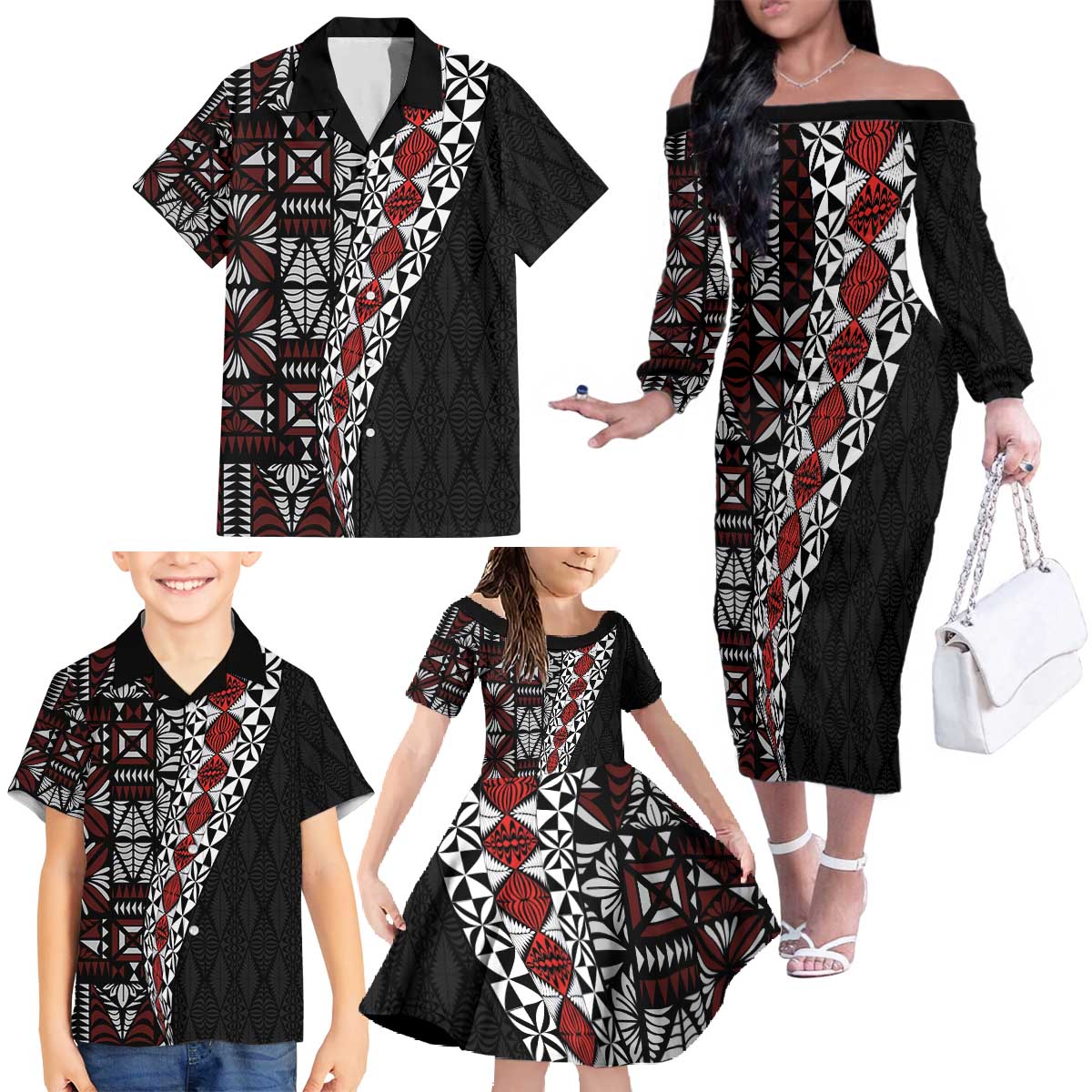 Tonga Ngatu Art Tattoo Polynesian Family Matching Off The Shoulder Long Sleeve Dress and Hawaiian Shirt