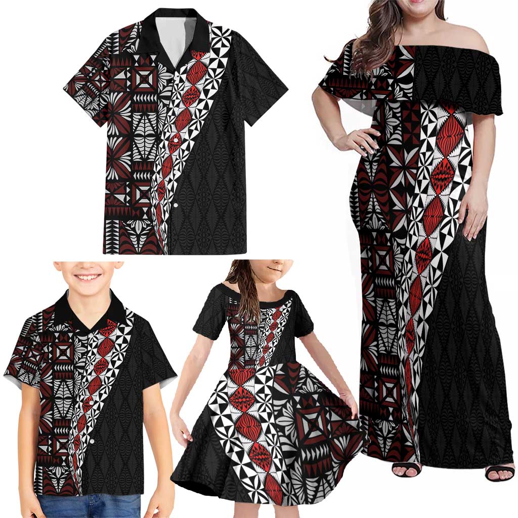 Tonga Ngatu Art Tattoo Polynesian Family Matching Off Shoulder Maxi Dress and Hawaiian Shirt