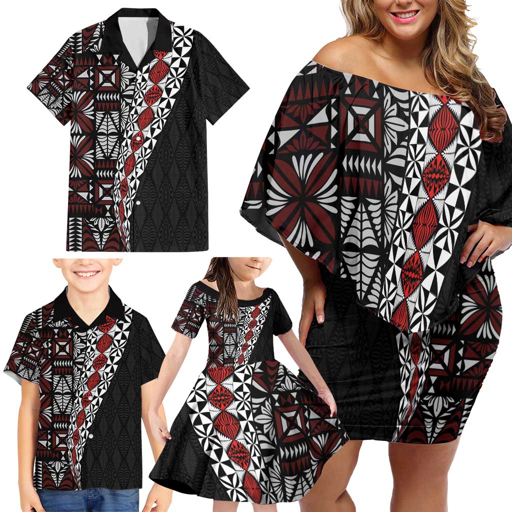 Tonga Ngatu Art Tattoo Polynesian Family Matching Off Shoulder Short Dress and Hawaiian Shirt