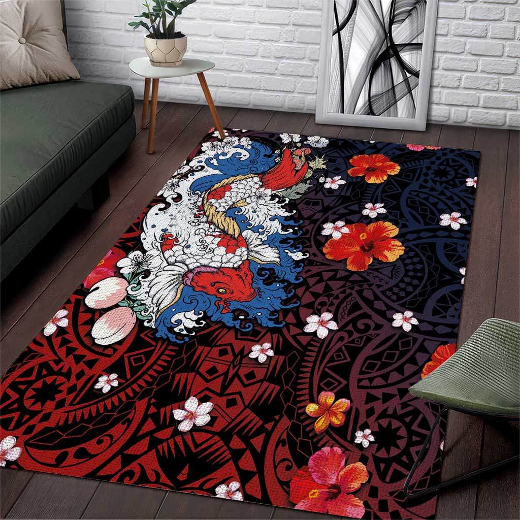 Hawaiian and Japanese Together Area Rug Hibiscus and Koi Fish Polynesian Pattern Colorful Style