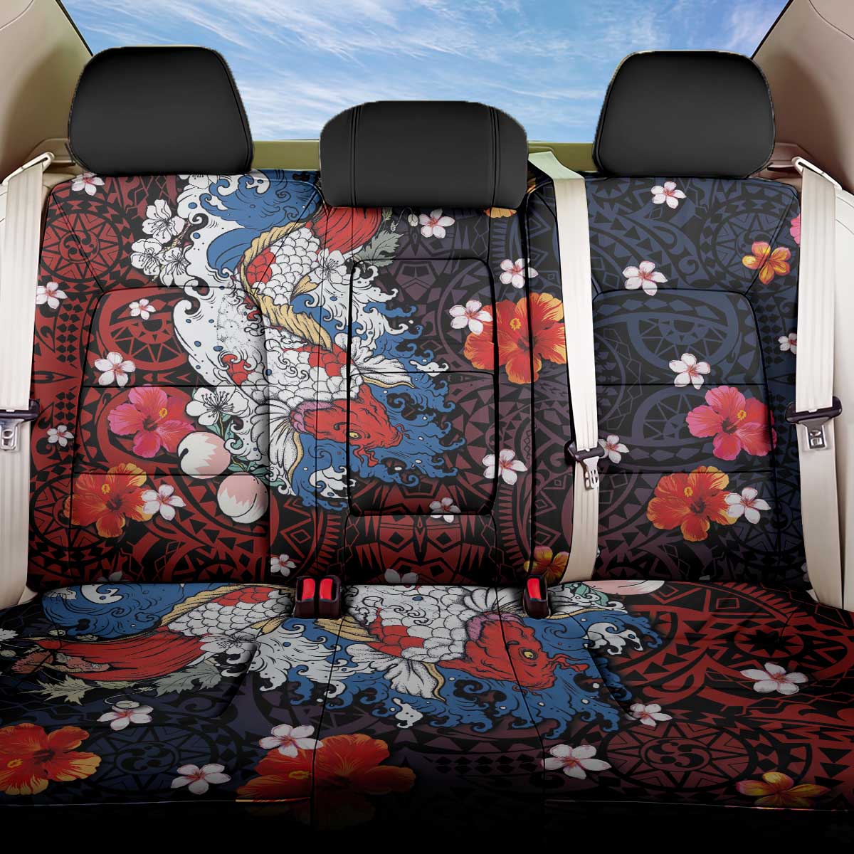 Hawaiian and Japanese Together Back Car Seat Cover Hibiscus and Koi Fish Polynesian Pattern Colorful Style