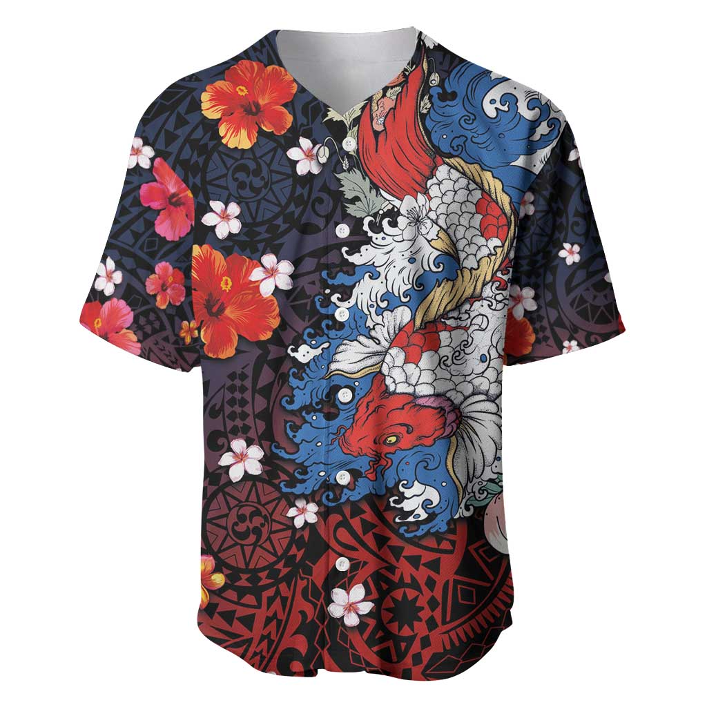 Hawaiian and Japanese Together Baseball Jersey Hibiscus and Koi Fish Polynesian Pattern Colorful Style