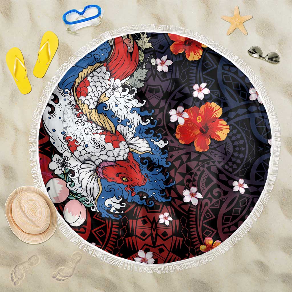 Hawaiian and Japanese Together Beach Blanket Hibiscus and Koi Fish Polynesian Pattern Colorful Style