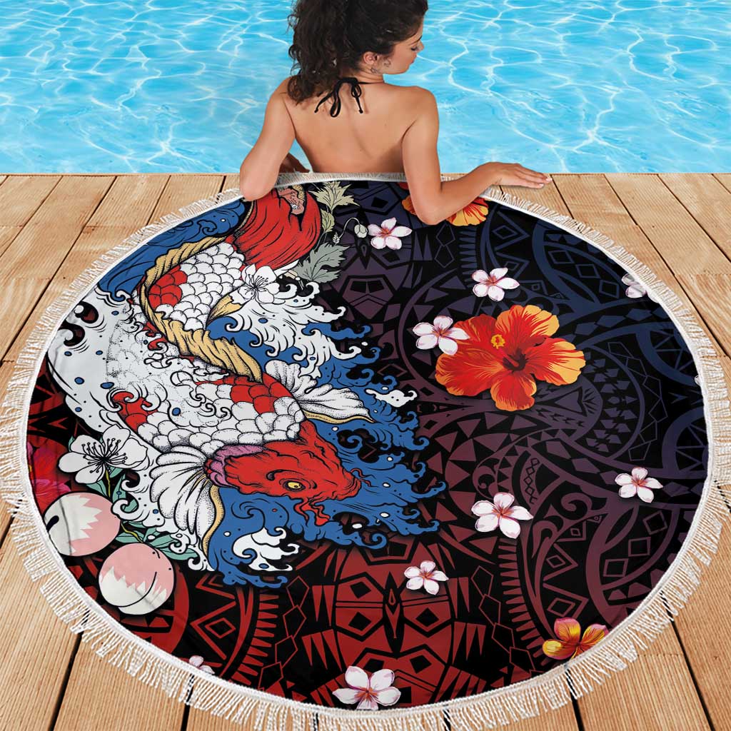 Hawaiian and Japanese Together Beach Blanket Hibiscus and Koi Fish Polynesian Pattern Colorful Style LT03 - Polynesian Pride