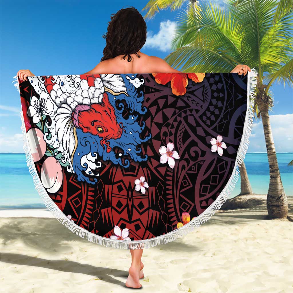 Hawaiian and Japanese Together Beach Blanket Hibiscus and Koi Fish Polynesian Pattern Colorful Style LT03 - Polynesian Pride