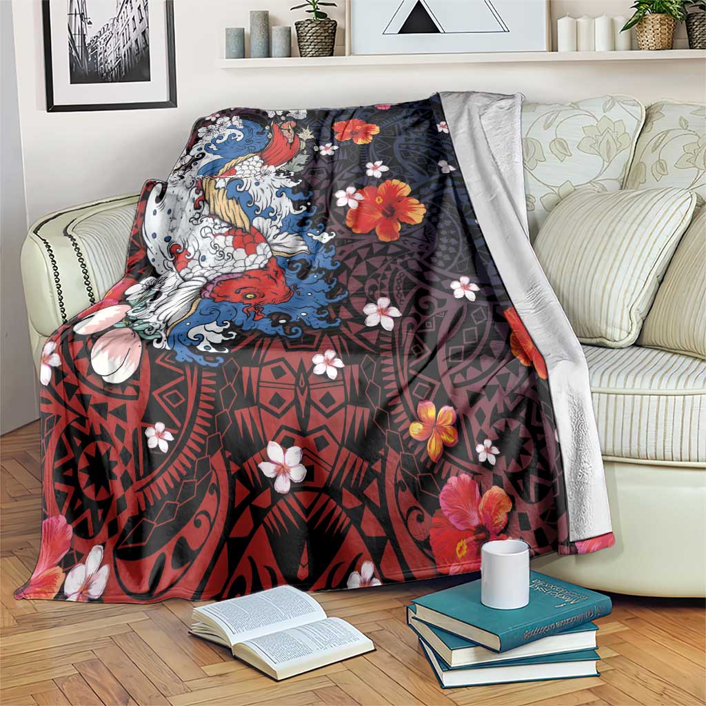 Hawaiian and Japanese Together Blanket Hibiscus and Koi Fish Polynesian Pattern Colorful Style