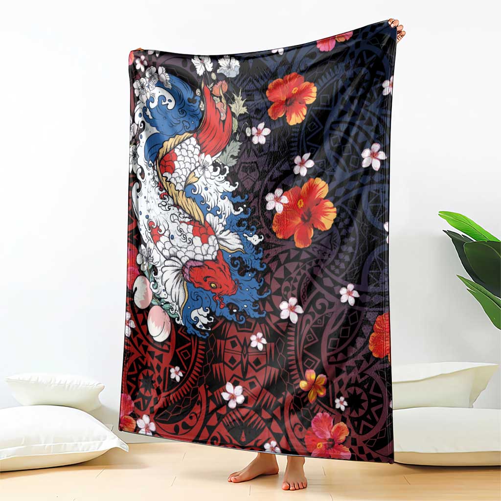 Hawaiian and Japanese Together Blanket Hibiscus and Koi Fish Polynesian Pattern Colorful Style LT03 - Polynesian Pride
