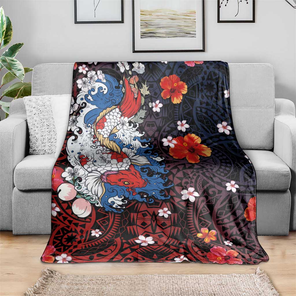 Hawaiian and Japanese Together Blanket Hibiscus and Koi Fish Polynesian Pattern Colorful Style LT03 - Polynesian Pride