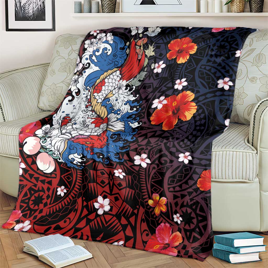 Hawaiian and Japanese Together Blanket Hibiscus and Koi Fish Polynesian Pattern Colorful Style LT03 - Polynesian Pride