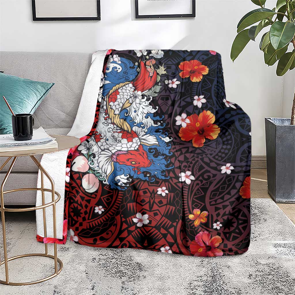 Hawaiian and Japanese Together Blanket Hibiscus and Koi Fish Polynesian Pattern Colorful Style LT03 - Polynesian Pride