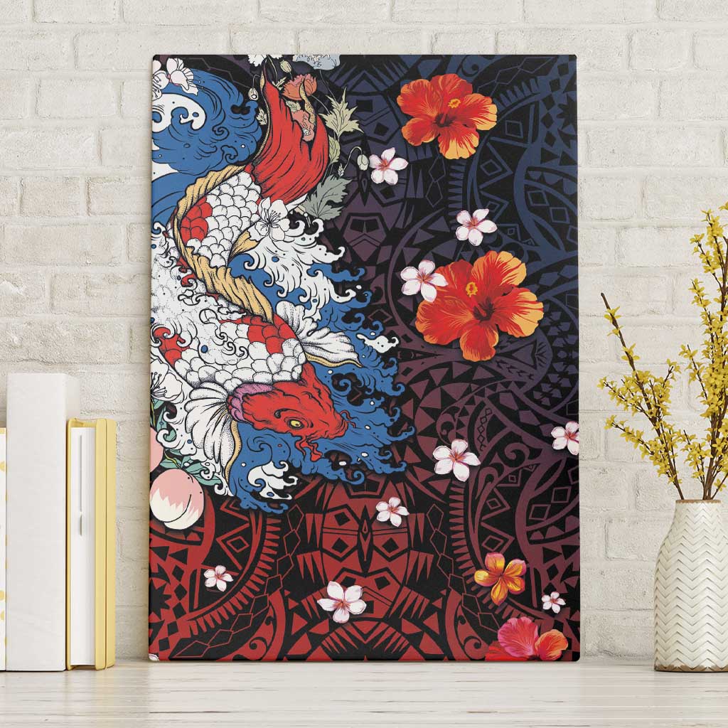 Hawaiian and Japanese Together Canvas Wall Art Hibiscus and Koi Fish Polynesian Pattern Colorful Style LT03 Without Frame Red - Polynesian Pride