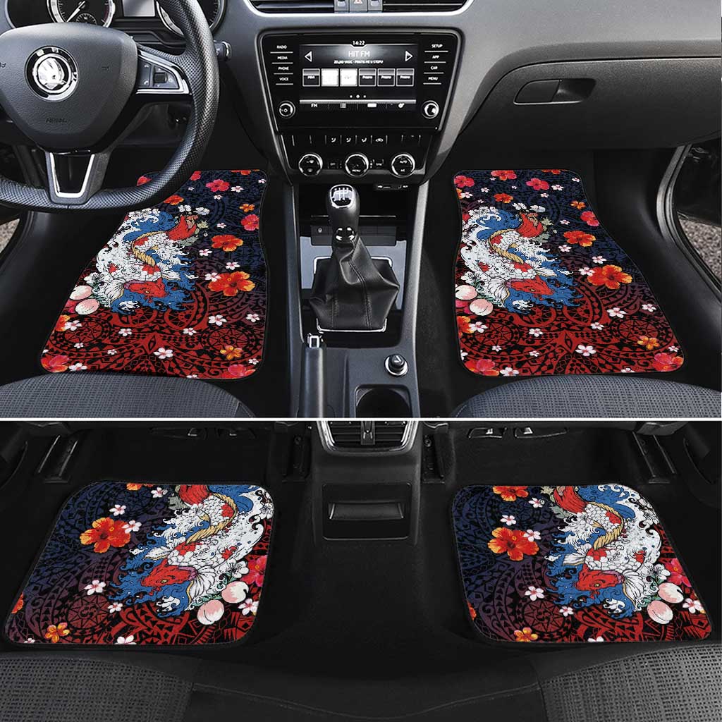 Hawaiian and Japanese Together Car Mats Hibiscus and Koi Fish Polynesian Pattern Colorful Style