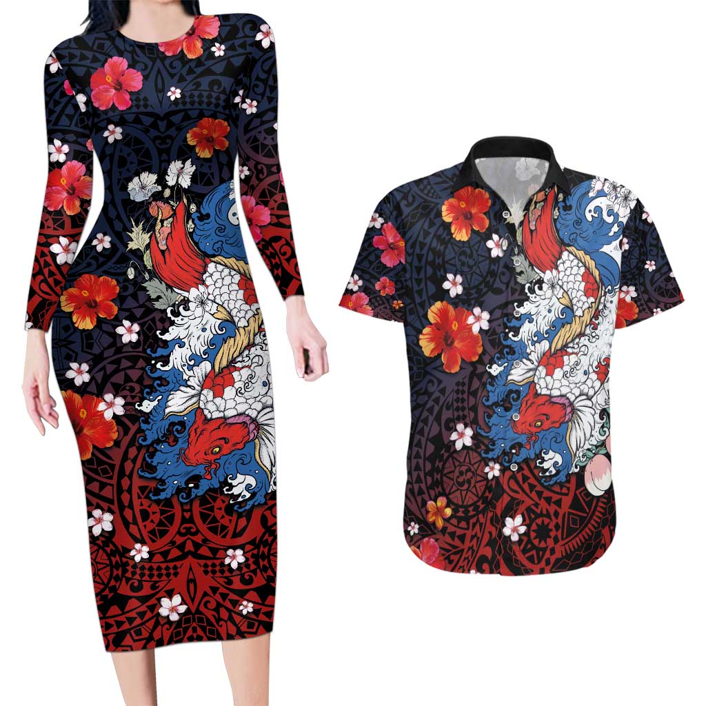 Hawaiian and Japanese Together Couples Matching Long Sleeve Bodycon Dress and Hawaiian Shirt Hibiscus and Koi Fish Polynesian Pattern Colorful Style LT03 Red - Polynesian Pride