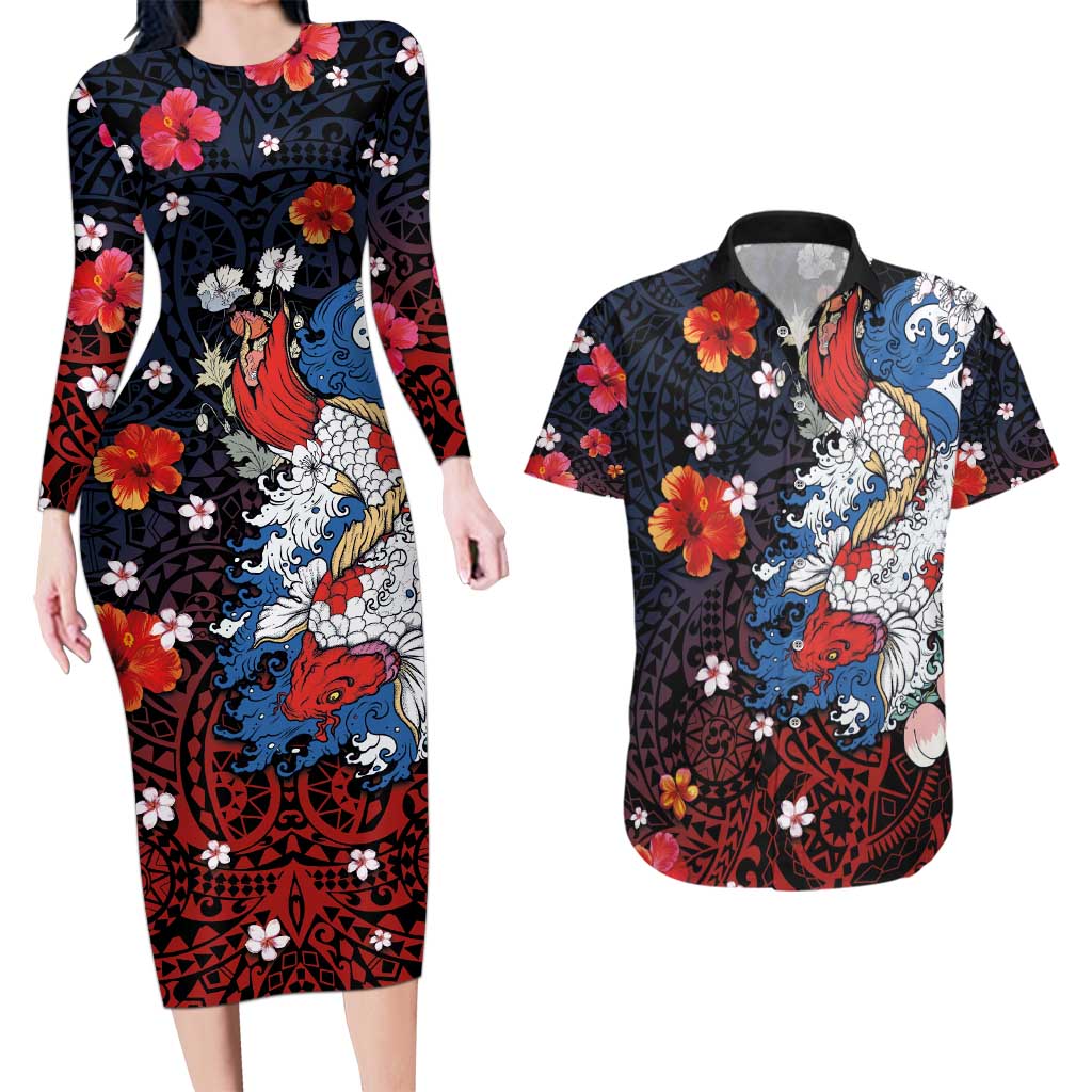 Hawaiian and Japanese Together Couples Matching Long Sleeve Bodycon Dress and Hawaiian Shirt Hibiscus and Koi Fish Polynesian Pattern Colorful Style