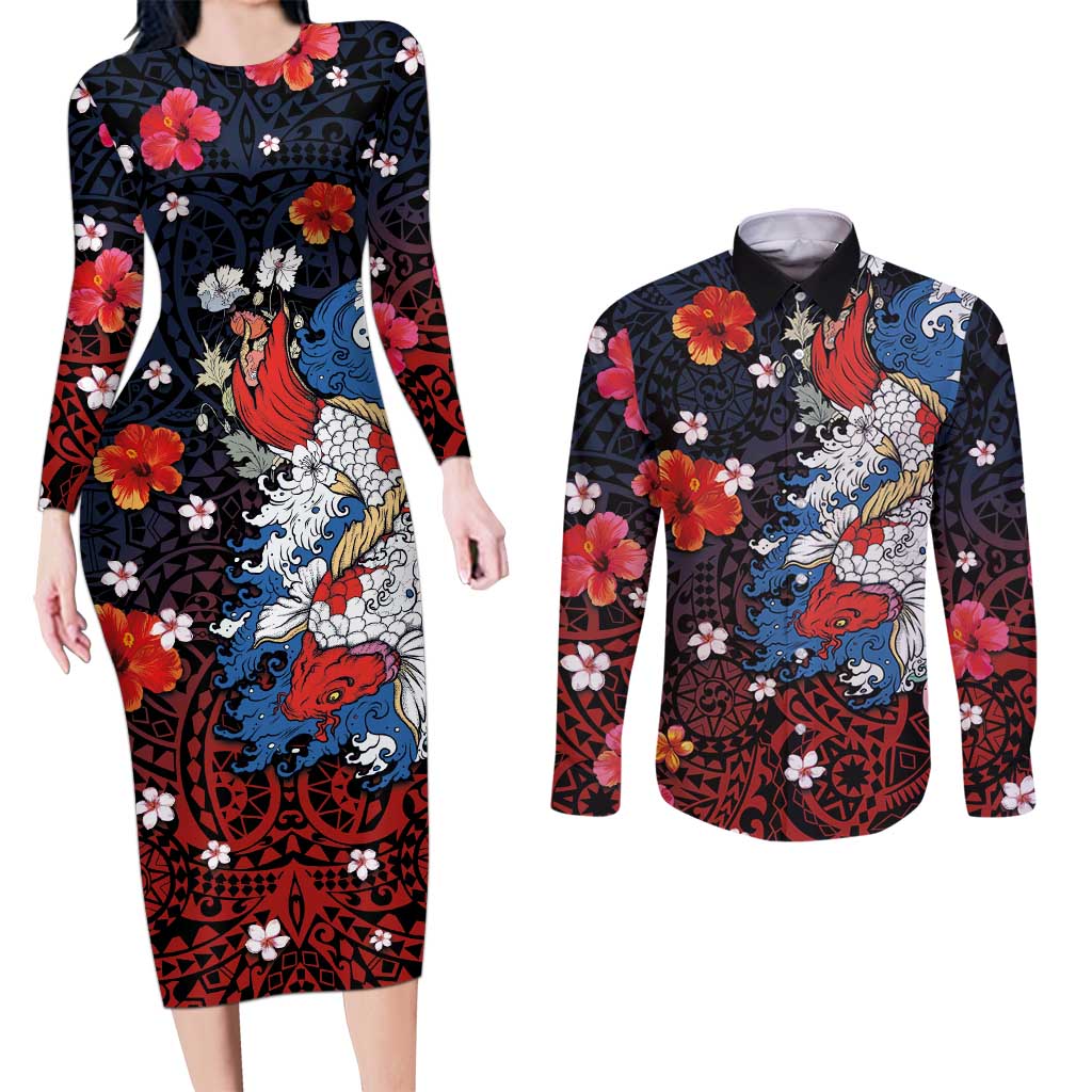 Hawaiian and Japanese Together Couples Matching Long Sleeve Bodycon Dress and Long Sleeve Button Shirt Hibiscus and Koi Fish Polynesian Pattern Colorful Style LT03 Red - Polynesian Pride