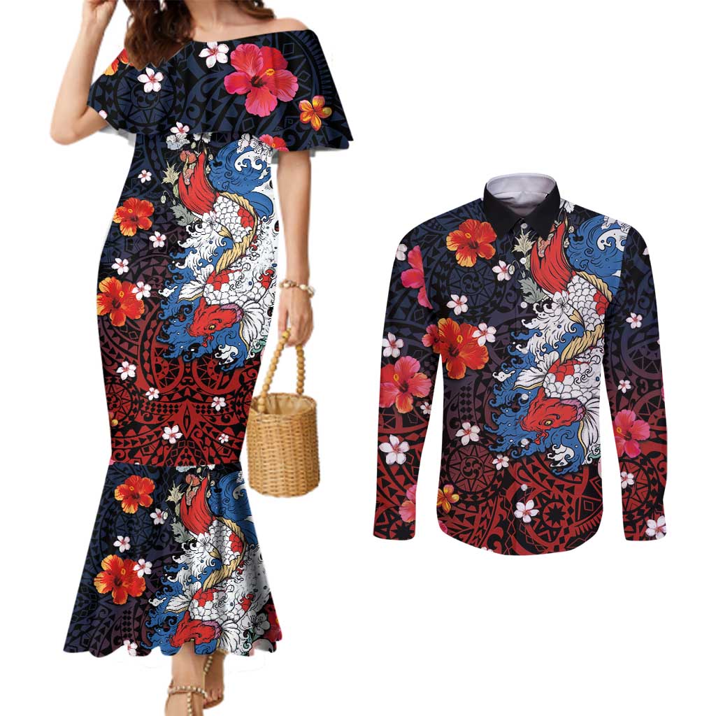 Hawaiian and Japanese Together Couples Matching Mermaid Dress and Long Sleeve Button Shirt Hibiscus and Koi Fish Polynesian Pattern Colorful Style LT03 Red - Polynesian Pride