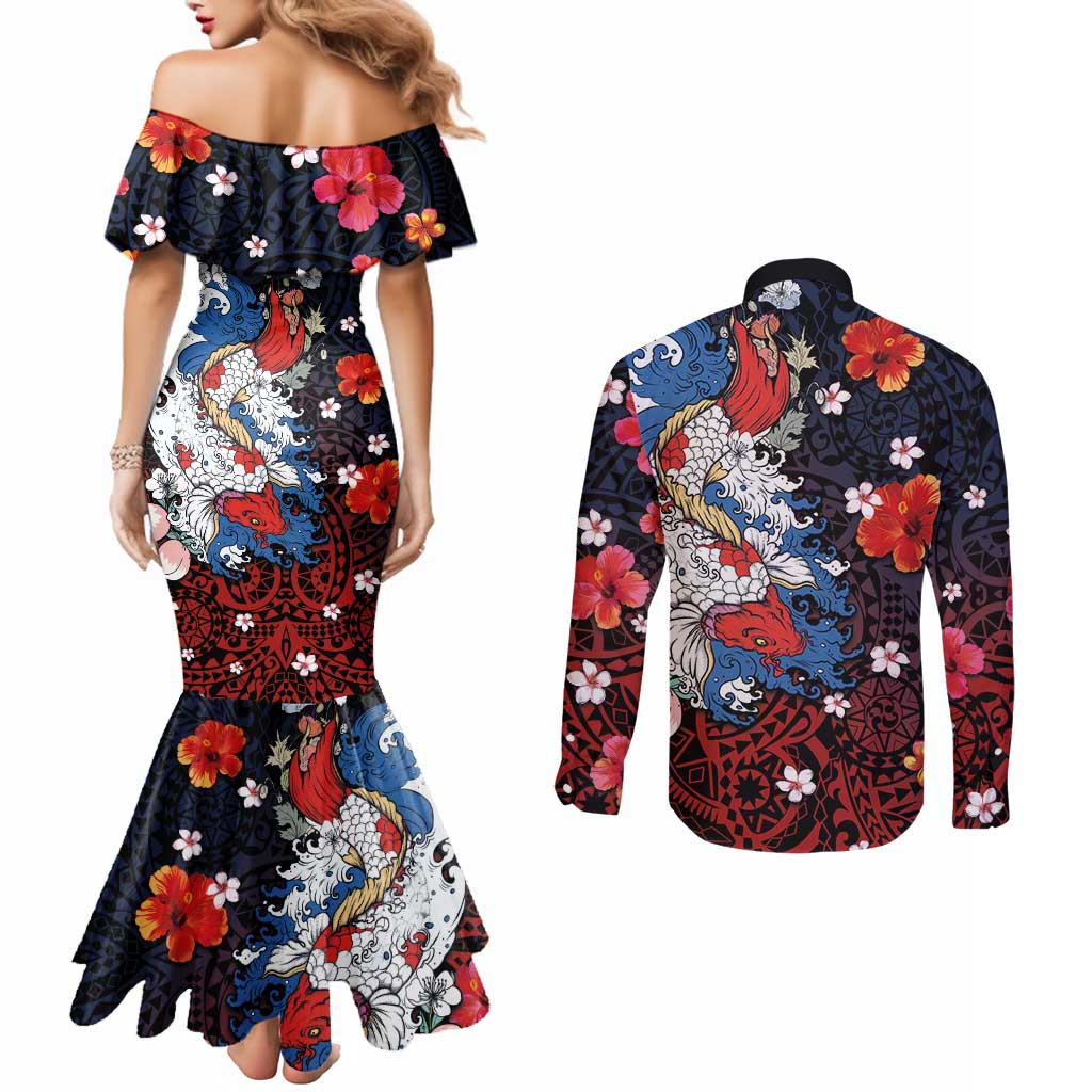 Hawaiian and Japanese Together Couples Matching Mermaid Dress and Long Sleeve Button Shirt Hibiscus and Koi Fish Polynesian Pattern Colorful Style LT03 - Polynesian Pride