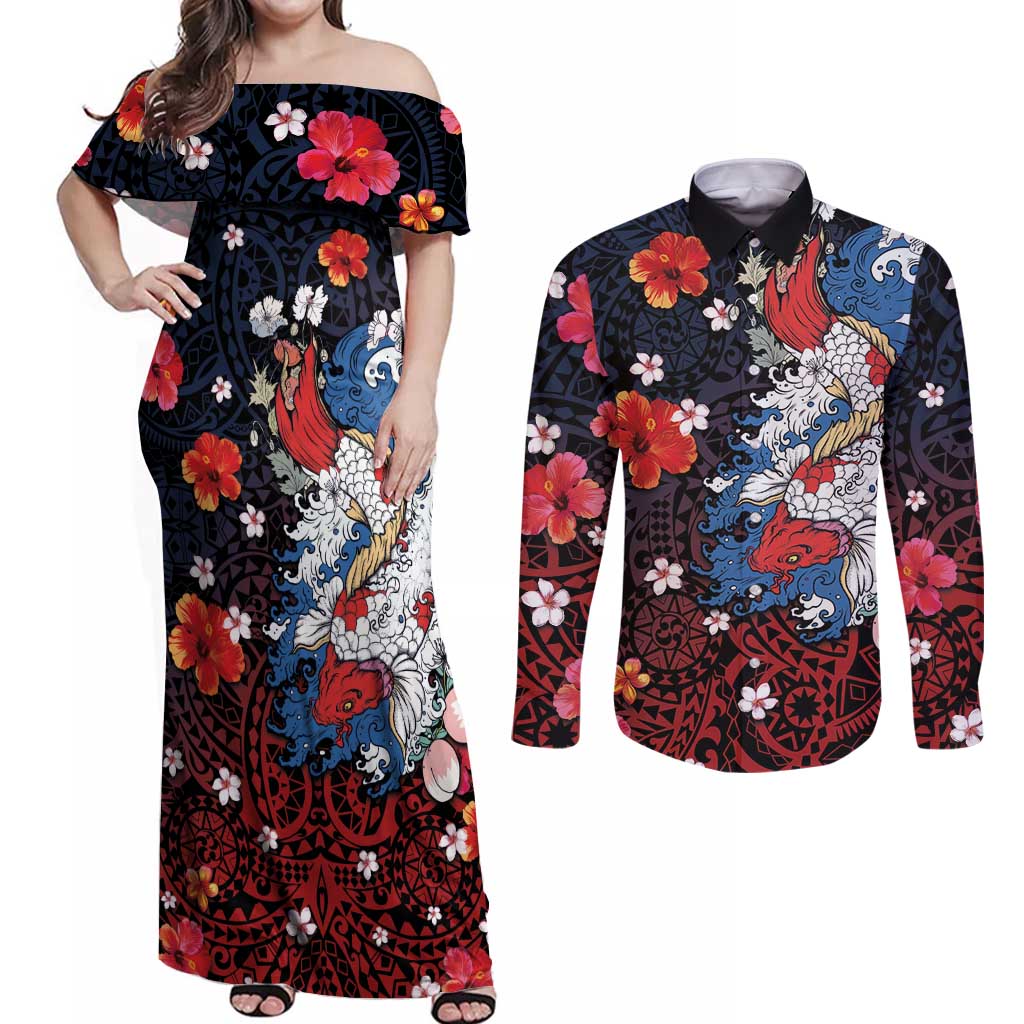 Hawaiian and Japanese Together Couples Matching Off Shoulder Maxi Dress and Long Sleeve Button Shirt Hibiscus and Koi Fish Polynesian Pattern Colorful Style LT03 Red - Polynesian Pride