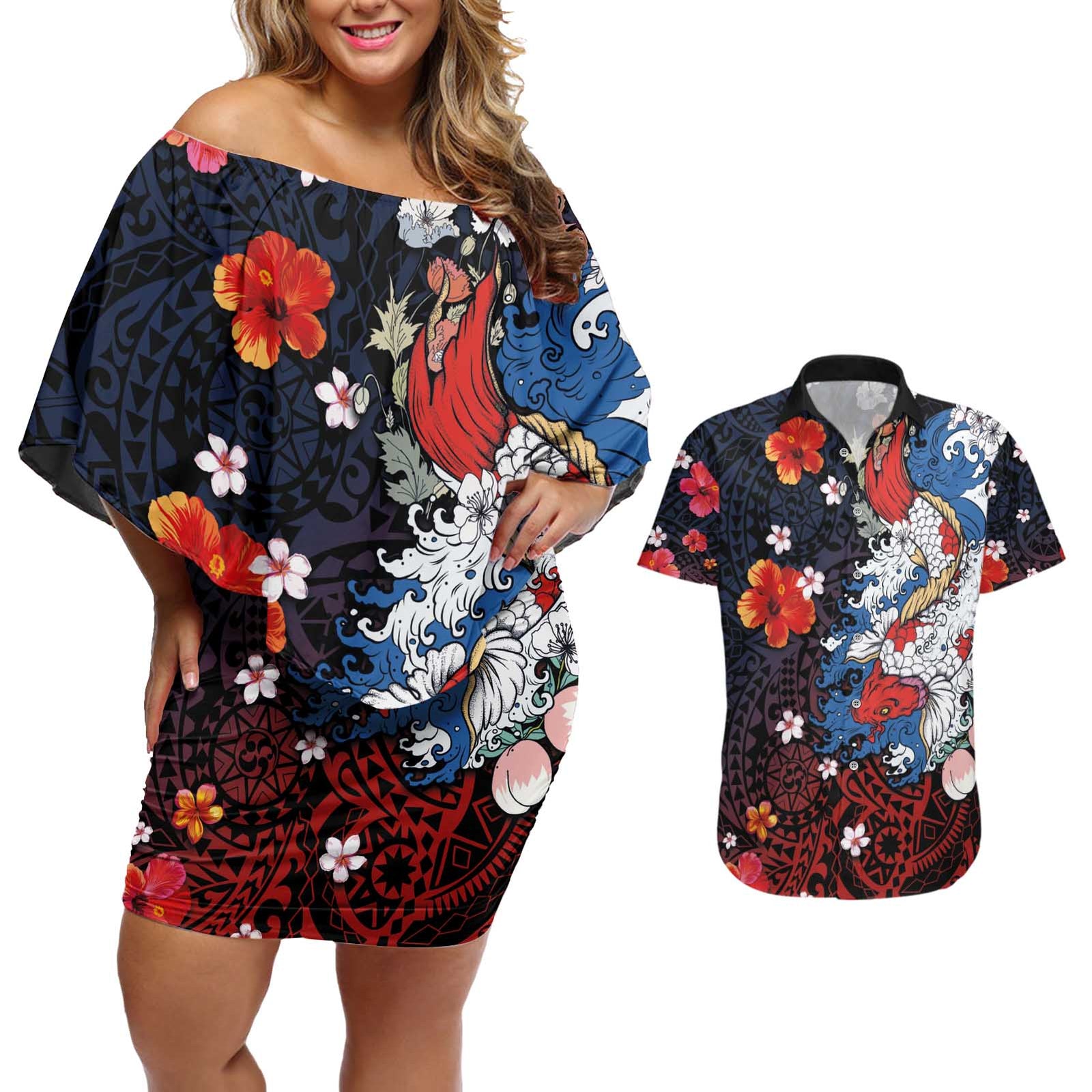 Hawaiian and Japanese Together Couples Matching Off Shoulder Short Dress and Hawaiian Shirt Hibiscus and Koi Fish Polynesian Pattern Colorful Style LT03 Red - Polynesian Pride