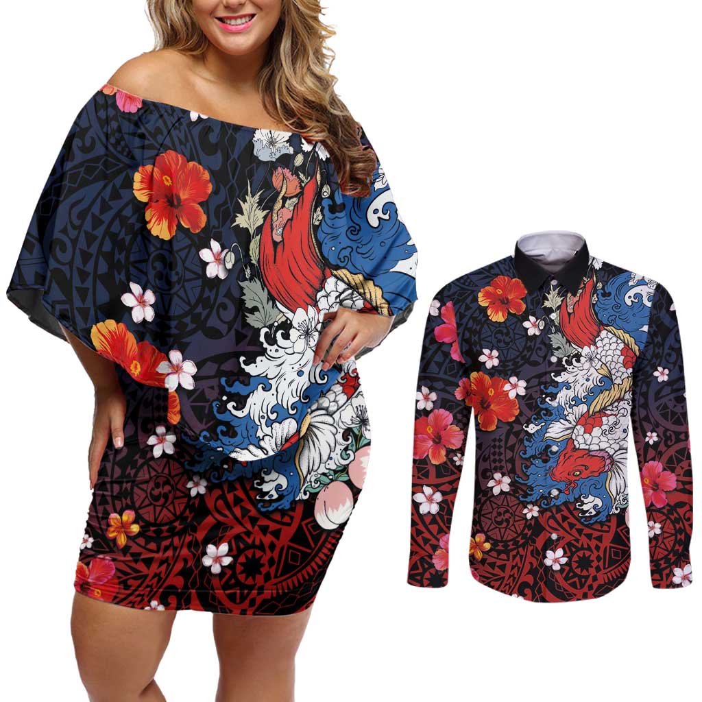Hawaiian and Japanese Together Couples Matching Off Shoulder Short Dress and Long Sleeve Button Shirt Hibiscus and Koi Fish Polynesian Pattern Colorful Style LT03 Red - Polynesian Pride