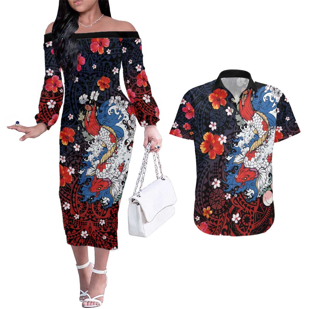 Hawaiian and Japanese Together Couples Matching Off The Shoulder Long Sleeve Dress and Hawaiian Shirt Hibiscus and Koi Fish Polynesian Pattern Colorful Style LT03 Red - Polynesian Pride