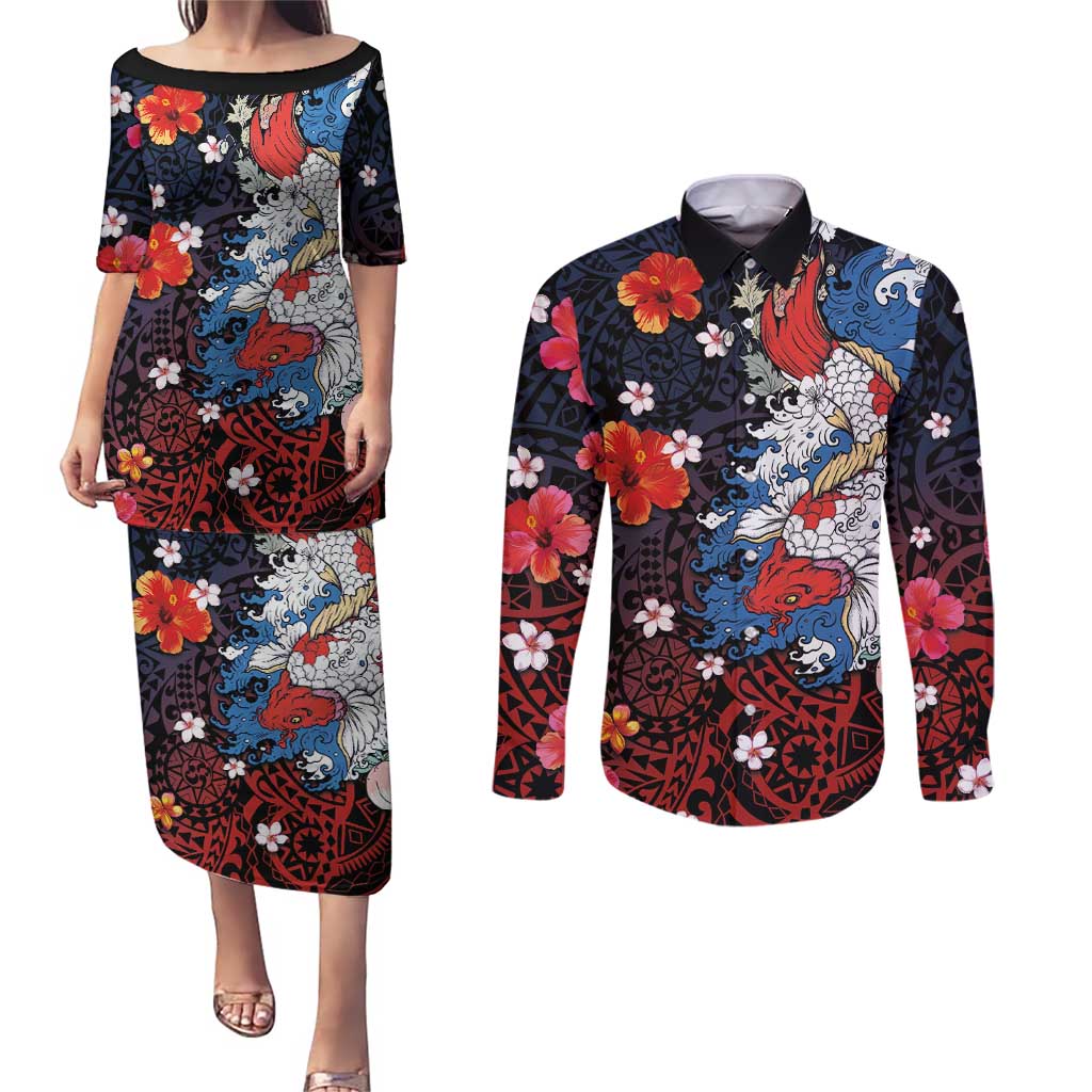 Hawaiian and Japanese Together Couples Matching Puletasi and Long Sleeve Button Shirt Hibiscus and Koi Fish Polynesian Pattern Colorful Style