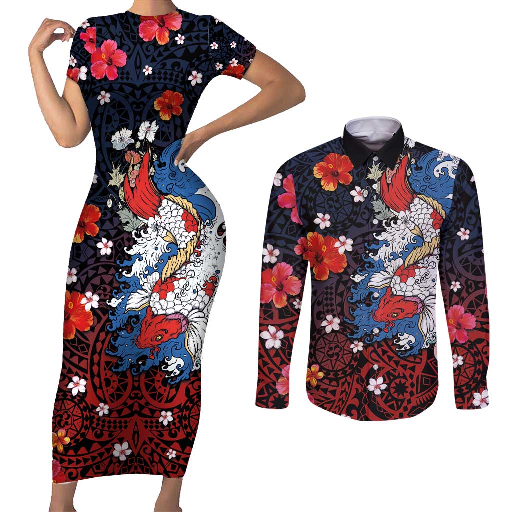 Hawaiian and Japanese Together Couples Matching Short Sleeve Bodycon Dress and Long Sleeve Button Shirt Hibiscus and Koi Fish Polynesian Pattern Colorful Style LT03 Red - Polynesian Pride