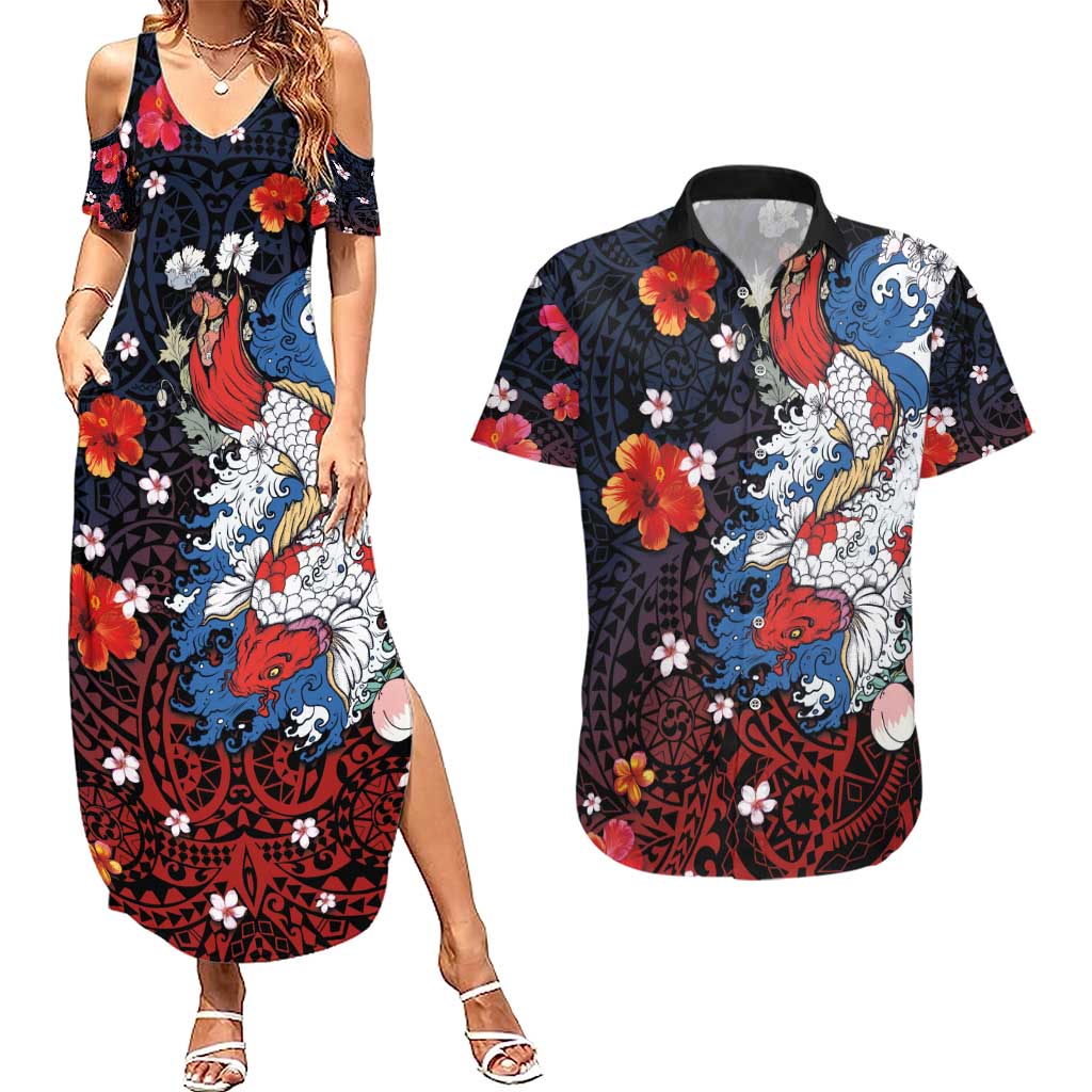 Hawaiian and Japanese Together Couples Matching Summer Maxi Dress and Hawaiian Shirt Hibiscus and Koi Fish Polynesian Pattern Colorful Style LT03 Red - Polynesian Pride